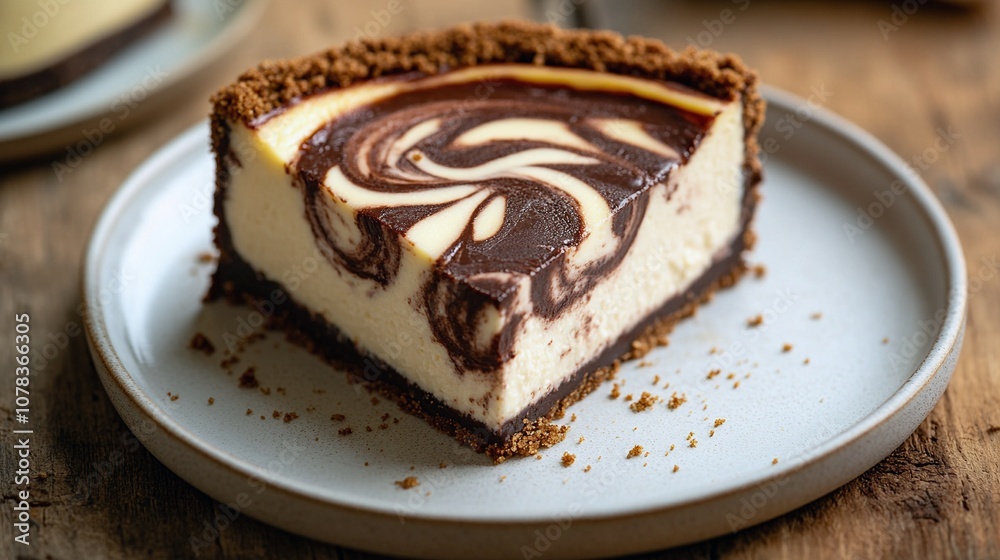Delicious Chocolate Swirl Cheesecake Slice on Graham Cracker Crust Delicious Chocolate Swirl Cheesecake Slice on Graham Cracker Crust