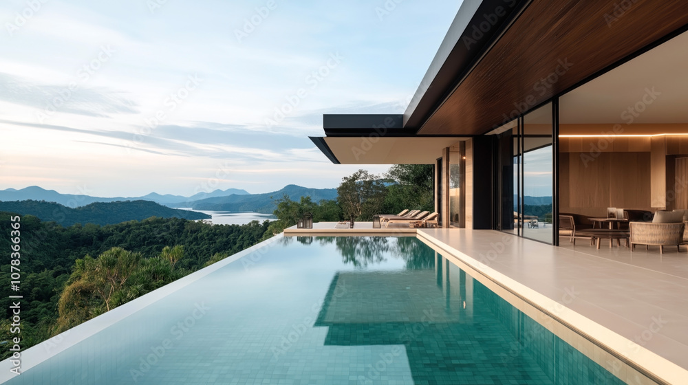 Fototapeta premium Modern luxury villa with infinity pool overlooking scenic mountain landscape at sunset, featuring outdoor seating area and wooden accents in contemporary architectural design.