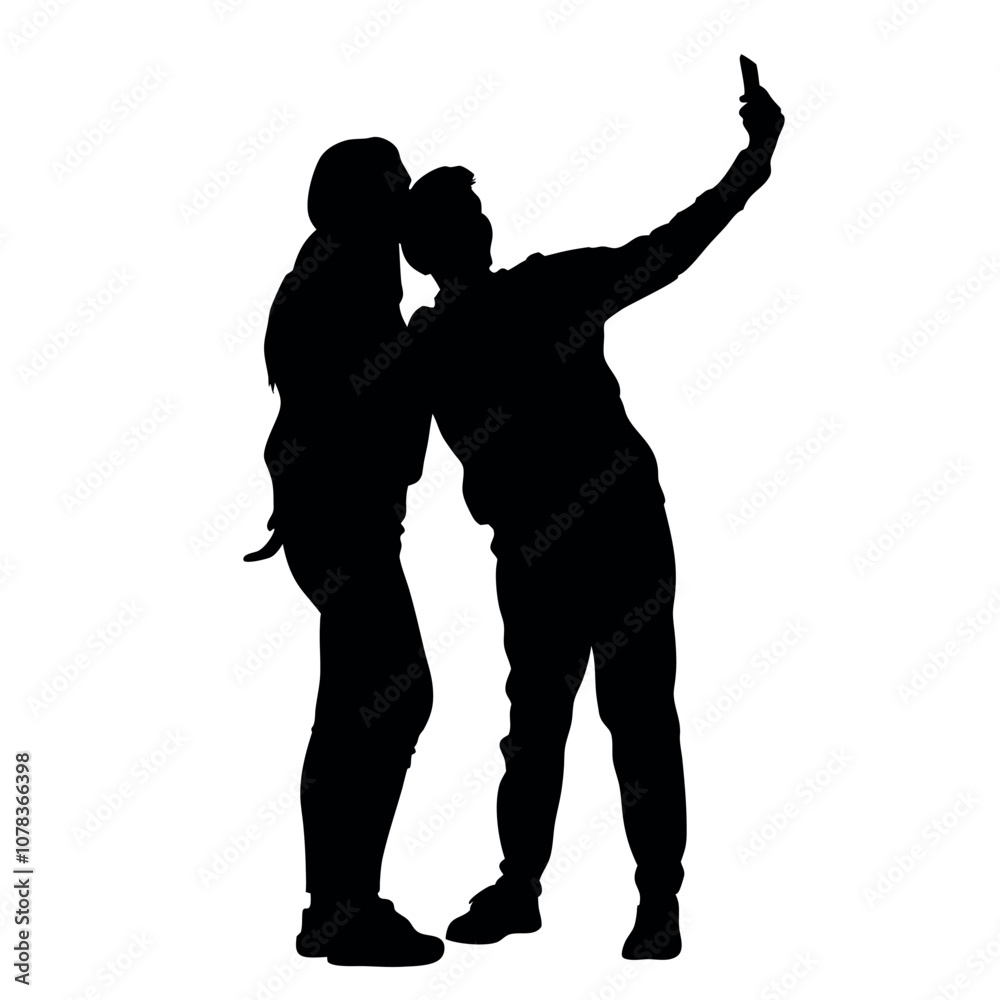 A couple standing side by side, with one person holding the phone for a selfie. The two are close together silhouette A couple standing side by side, with one person holding the phone for a selfie. The two are close together silhouette