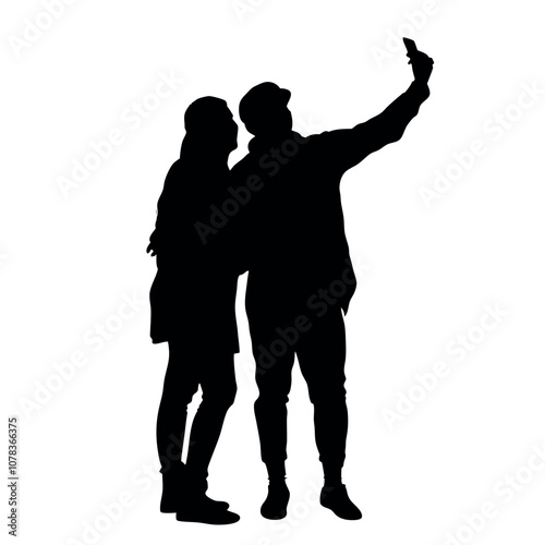 A couple standing side by side, with one person holding the phone for a selfie. The two are close together silhouette