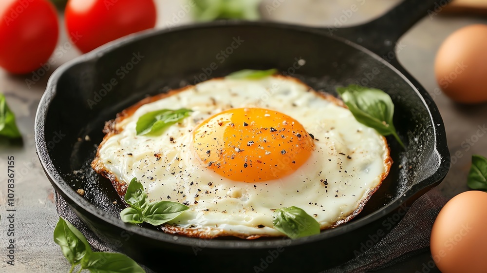 A perfectly cooked fried egg with a runny yolk in a black skillet. A perfectly cooked fried egg with a runny yolk in a black skillet.