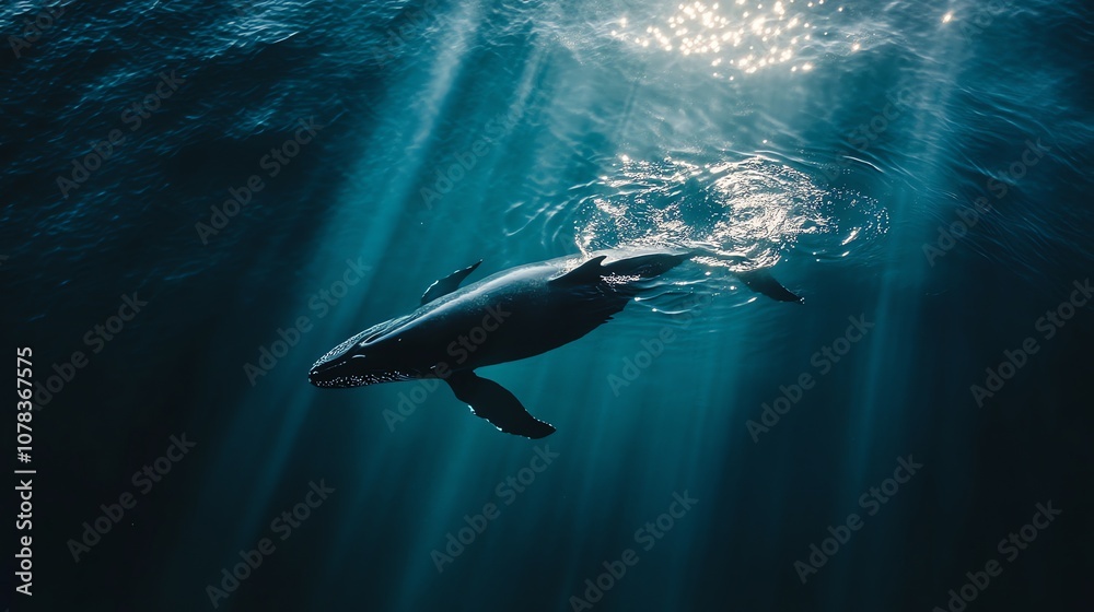 A humpback whale swims in the blue ocean. A humpback whale swims in the blue ocean.