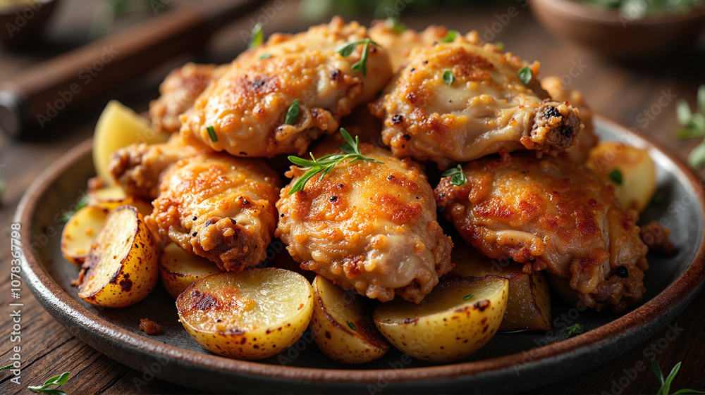 Crispy baked chicken thighs with roasted potatoes - perfect for food blogs, recipe websites, cookbooks, and family dinner inspiration Crispy baked chicken thighs with roasted potatoes - perfect for food blogs, recipe websites, cookbooks, and family dinner inspiration
