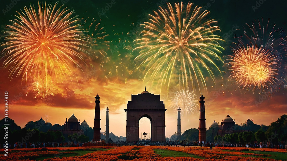 Fototapeta premium Happy India republic day celebration india gate fireworks background