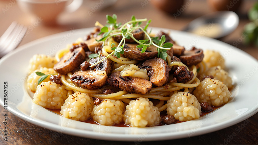 Gourmet mushroom pasta with cauliflower gnocchi - ideal for food blogs, restaurant menus, cooking websites, and healthy recipe collections Gourmet mushroom pasta with cauliflower gnocchi - ideal for food blogs, restaurant menus, cooking websites, and healthy recipe collections