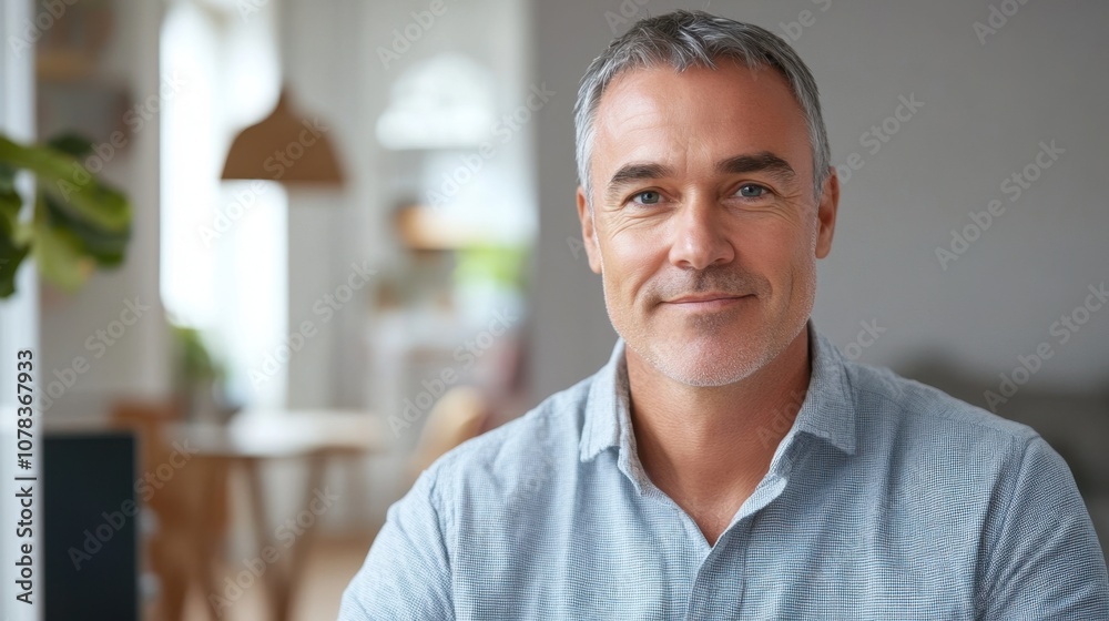 Student attending remote seminar middle-aged white man with short gray hair bright room clean background copy space Student attending remote seminar middle-aged white man with short gray hair bright room clean background copy space