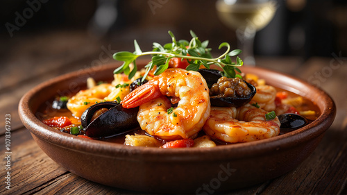 Gourmet seafood stew with shrimp and mussels - perfect for food blogs, restaurant menus, cookbook designs, and culinary presentations