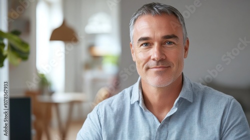 Student attending remote seminar middle-aged white man with short gray hair bright room clean background copy space