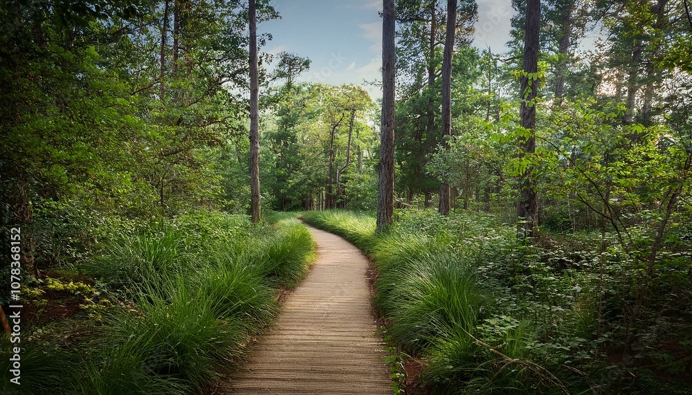 Fototapeta premium A restored natural pathway winding through a forest, lined with native shrubs and trees, enhancing biodiversity.
