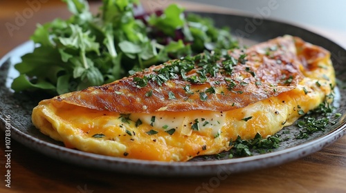 Fluffy French Omelet with Cheese and Herbs Served with Mixed Greens