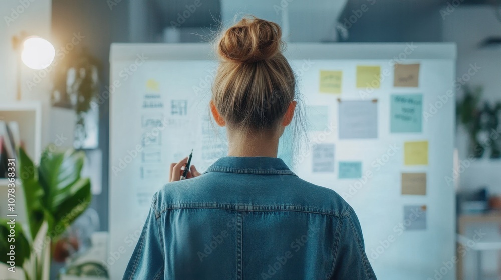 Woman writing on whiteboard modern office clean layout copy space Woman writing on whiteboard modern office clean layout copy space