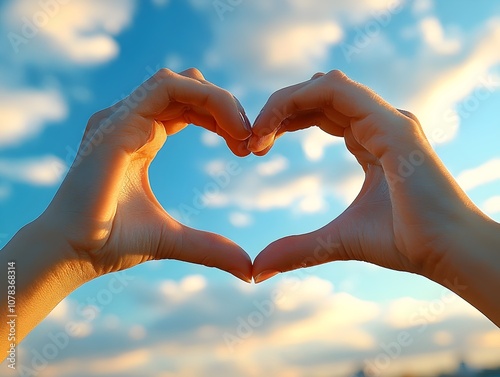 close-up of two hands forming a heart shape, framed by an outdoor background of sky and subtle clouds. charity and giving, love and compassion, positive mindset, global kindness