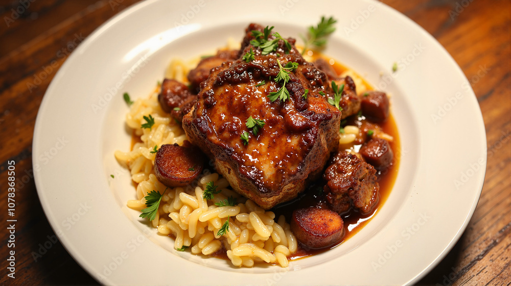 Succulent braised beef short rib with pasta - perfect for gourmet food blogs, restaurant menus, cooking websites, and fine dining photography