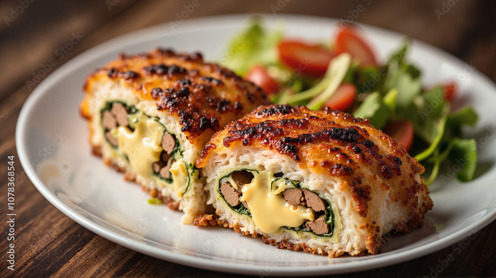 Succulent chicken kiev with melted cheese and spinach filling - perfect for gourmet recipe blogs, restaurant menus, cooking websites, and food photography portfolios Succulent chicken kiev with melted cheese and spinach filling - perfect for gourmet recipe blogs, restaurant menus, cooking websites, and food photography portfolios