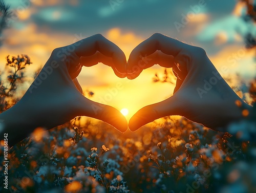 close-up of two hands forming a heart shape, framed by an outdoor background of sky and subtle clouds. charity and giving, love and compassion, positive mindset, global kindness photo
