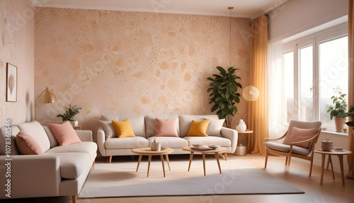 Scandinavian living room interior design zoom background,Doodle Galaxy patterned wallpaper graphics