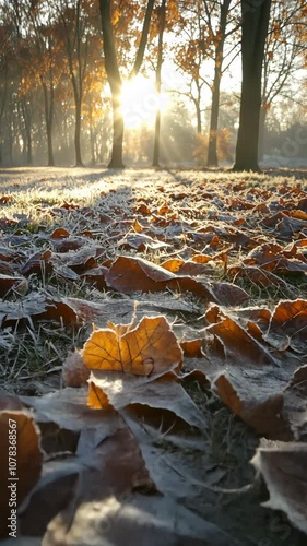 Sunlight illuminating frosty autumn leaves