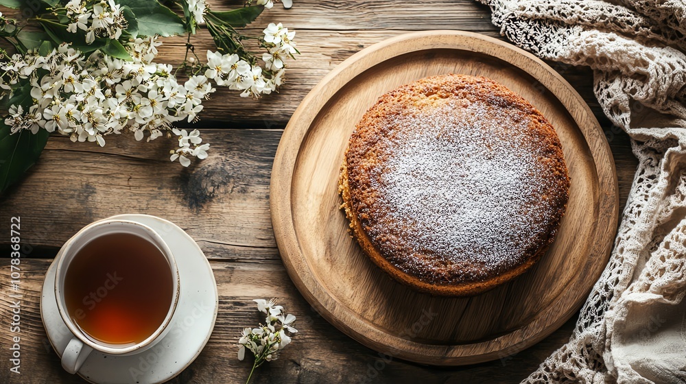 A cup of tea and a cake on a wooden table with white flowers. A cup of tea and a cake on a wooden table with white flowers.