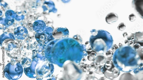 Blue cosmetic serum with liquid bubbles in a 3D abstract background. Hydrating essence gel enriched with collagen molecules. Moisturizing cream or oil for advanced skincare, beauty, and skin health.