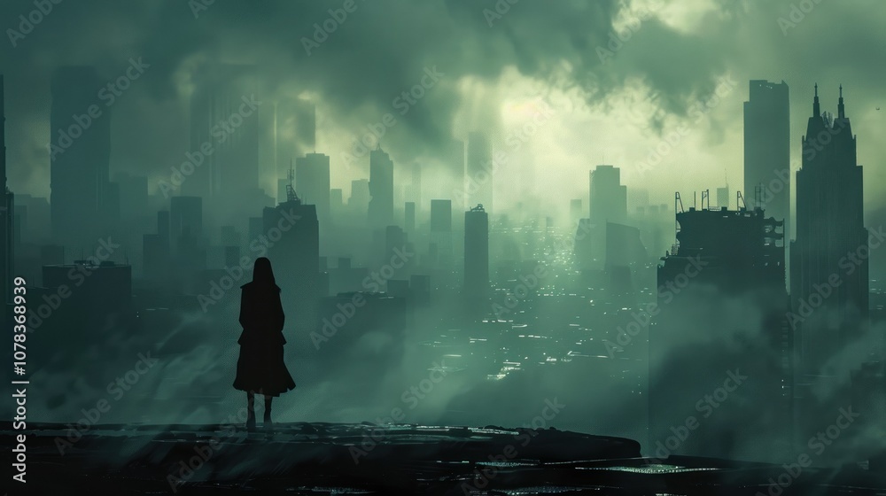 Silhouette of a woman standing alone in a ruined city Silhouette of a woman standing alone in a ruined city