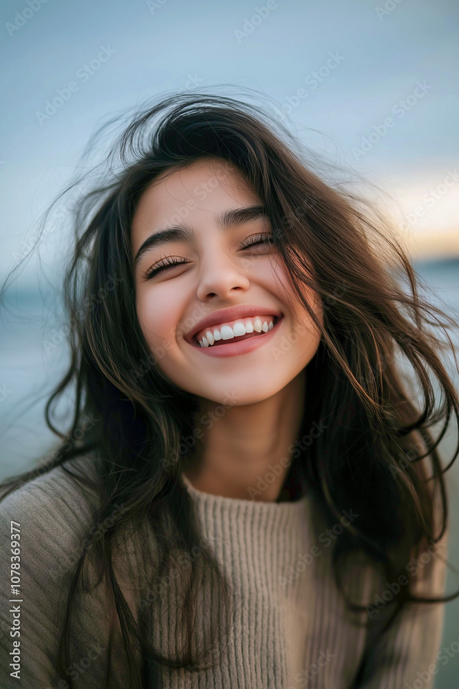 Joyful Woman Smiling Brightly at the Beach during Sunset