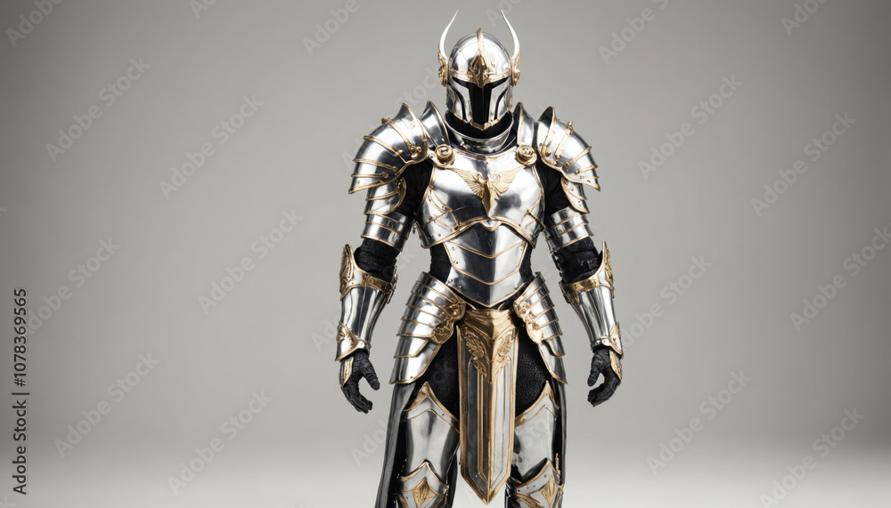 A knight in shining armor stands tall against a plain backdrop A knight in shining armor stands tall against a plain backdrop