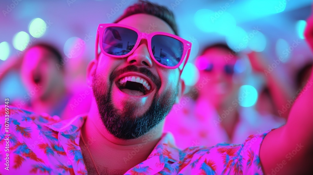 Nightlife Revelry: A man with a vibrant pink shirt and sunglasses dances with friends under the glow of neon lights, radiating pure joy and energy. Nightlife Revelry: A man with a vibrant pink shirt and sunglasses dances with friends under the glow of neon lights, radiating pure joy and energy.