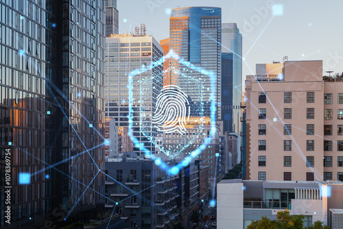 Digital security concept with fingerprint hologram over modern city backdrop.