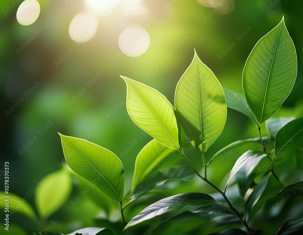 Natural setting with vibrant green leaves, bathed in sunlight Natural setting with vibrant green leaves, bathed in sunlight