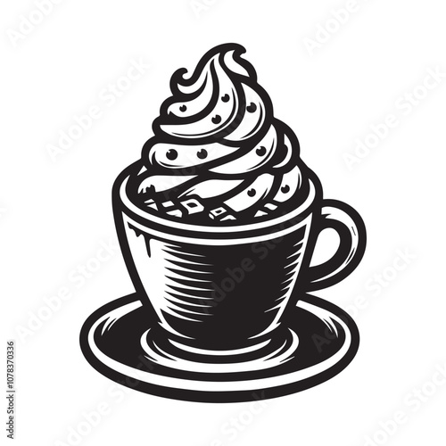 Indulge in a Luxurious Cup of Whipped Cream Delight. This captivating black and white illustration showcases a charming cup brimming with a rich, swirling topping of whipped cream.