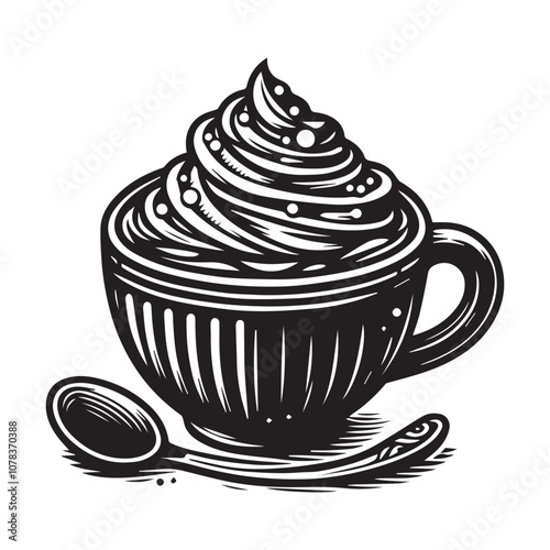 Indulge in a Luxurious Cup of Whipped Cream Delight. This captivating black and white illustration showcases a charming cup brimming with a rich, swirling topping of whipped cream.