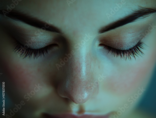 Detailed closeup of a person s serene face, eyes closed in peaceful meditation, soft light, World Mental Health Day photo