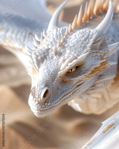 A digital sculpture of a mythical creature, like a dragon, with detailed scales, majestic wings, and piercing eyes. The creature is in a dynamic pose, as if it is about to fly.  photo