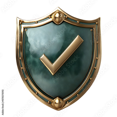 Green shield checkmark security isolated on transparent background, 3D, Png