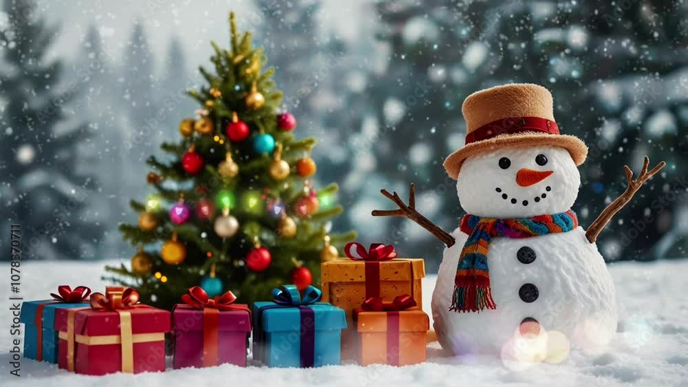 A cheerful snowman stands beside a festive tree adorned with ornaments and colorful gifts during the Christmas holiday season, seamless looping 4k video animation A cheerful snowman stands beside a festive tree adorned with ornaments and colorful gifts during the Christmas holiday season, seamless looping 4k video animation