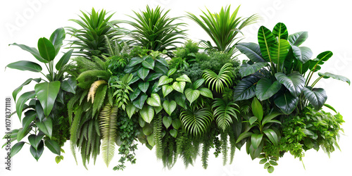 Tropical Jungle Plant Arrangement with Lush Banana Leaves, Philodendron, Areca Palm, Bird’s Nest Fern, Monstera, and Creeping Ivy, Isolated on a White Background. PNG, Cutout, or Clipping Path.