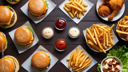 A mouthwatering selection of fast food classics including burgers, fries, chicken drumsticks, and dipping sauces photo