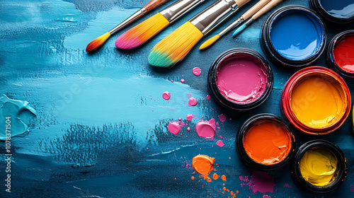 A vibrant arrangement of paintbrushes and colorful paints on a blue canvas, showcasing creativity and artistic expression.