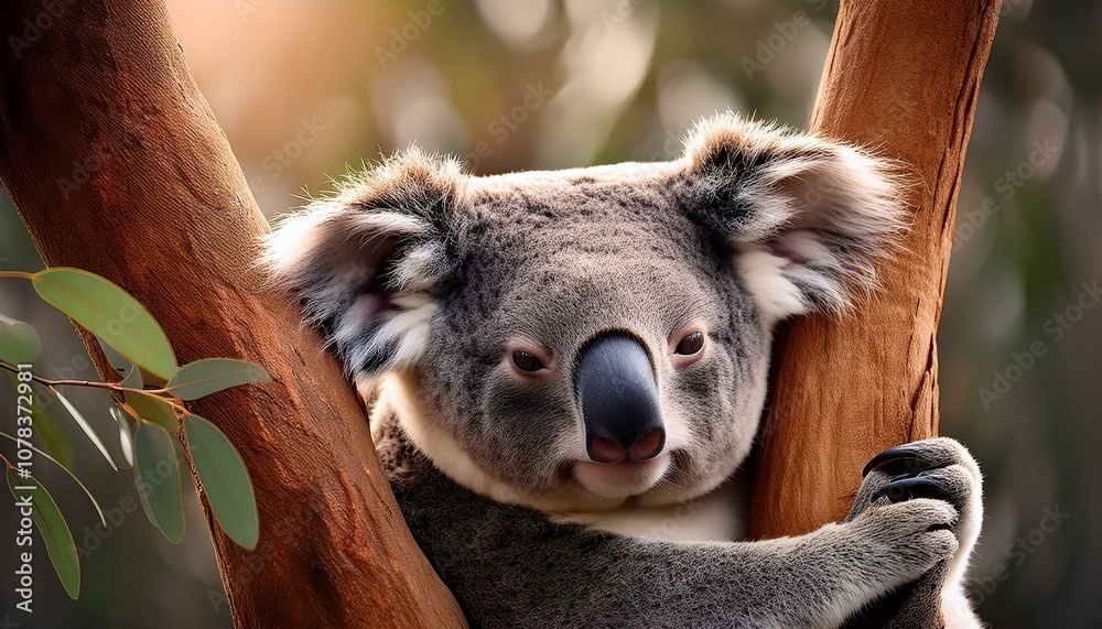 Fototapeta premium A sleepy koala lounging comfortably in the branches of a eucalyptus tree.