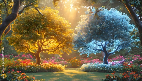 Two Trees in the Garden of Eden, namely the Tree of Life and the Tree of Knowledge, Genesis Illustration
