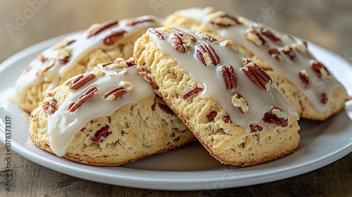 Maple Pecan Scones with Glaze on a White Plate