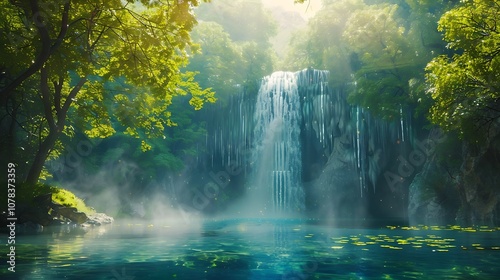 Mystical Waterfall Cascading in a Lush Green Forest
