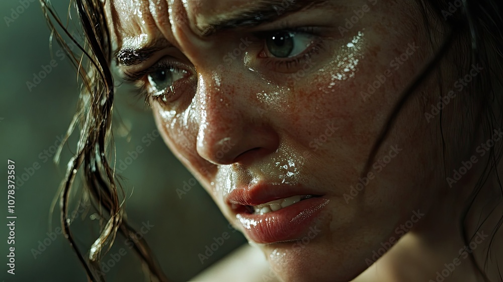 Close-up of a woman crying, her face vulnerable with fresh tears rolling down her cheeks. Close-up of a woman crying, her face vulnerable with fresh tears rolling down her cheeks.