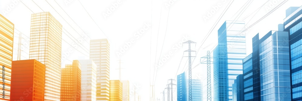 Flat Vector Illustration of Electrical Grid with Power Towers, Energy Storage Buildings, and Skyscrapers on White Background Flat Vector Illustration of Electrical Grid with Power Towers, Energy Storage Buildings, and Skyscrapers on White Background