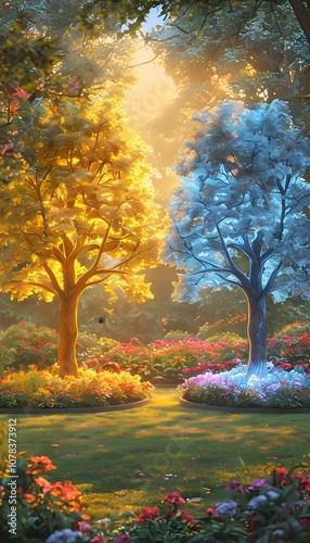 Two Trees in the Garden of Eden, namely the Tree of Life and the Tree of Knowledge, Genesis Illustration
 photo