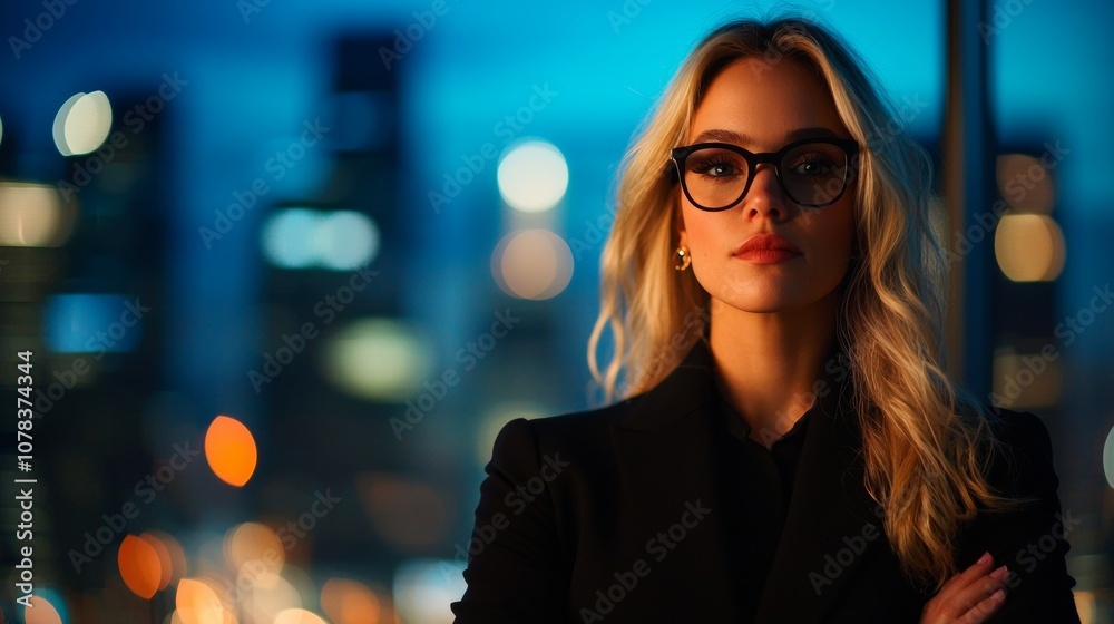 Obraz premium A confident woman in glasses is posed against a blurred city skyline, exuding professionalism and determination in a nighttime setting.