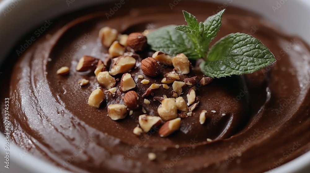Dark Chocolate Mousse with Hazelnuts and Mint Garnish
