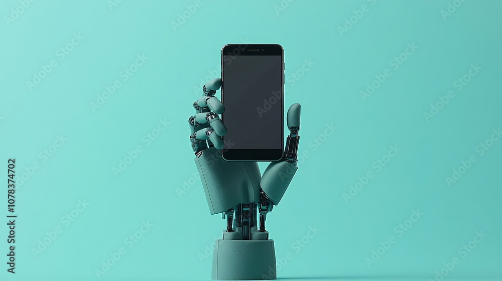 Front-facing 3D illustration of a robotic hand holding a cell phone, with the screen visible to the camera, designed in minimalist Transformers style Front-facing 3D illustration of a robotic hand holding a cell phone, with the screen visible to the camera, designed in minimalist Transformers style