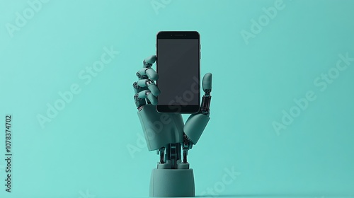 Front-facing 3D illustration of a robotic hand holding a cell phone, with the screen visible to the camera, designed in minimalist Transformers style