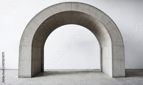 A large concrete archway stands against a white wall in a modern building